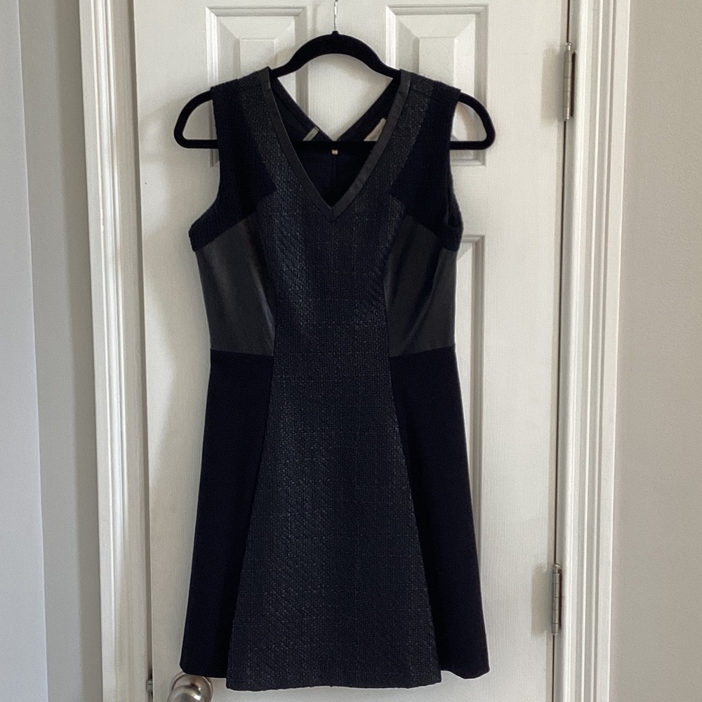 Rebecca Taylor Black V-Neck Tweed Dress w/ Partial Leather Front & Leather Trim